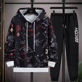 春秋款 青少年印花涂鸦套头连帽卫衣裤 子套装 学生休闲潮流两件套
