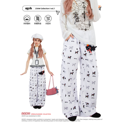 复古小狗印花休闲裤女直筒百搭