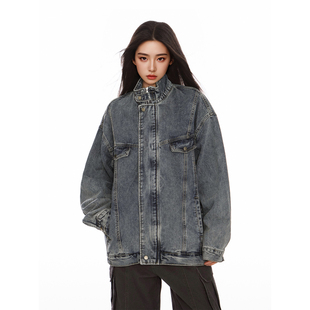 美式 中性风宽松休闲机车风夹克男外套潮 复古水洗牛仔外套女秋冬季