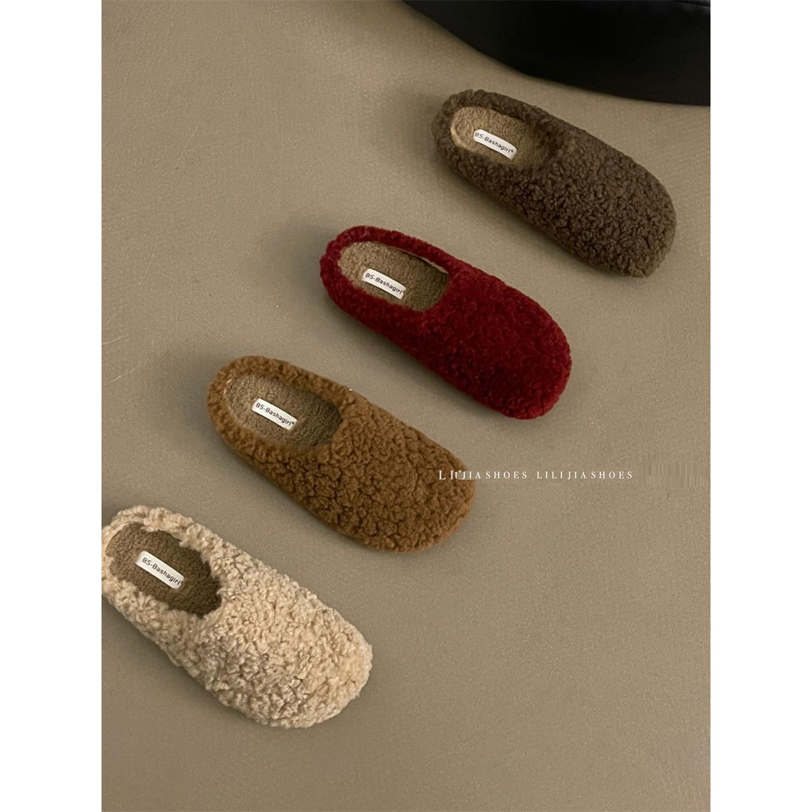 复古羊羔毛加绒毛毛拖鞋女2024秋冬新款包头拖仙女懒人棉拖一脚蹬