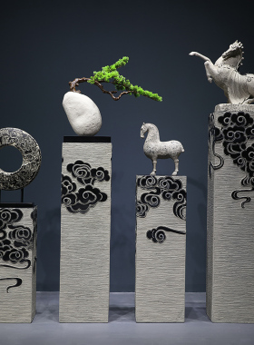 新中式落地仿古石柱客厅玄关家居展示柱展厅摆件底座祥云柱装饰品