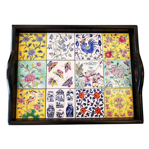 高两河纯手绘新中式美式青花粉彩瓷片拼接茶具茶盘陶瓷青花瓷托盘