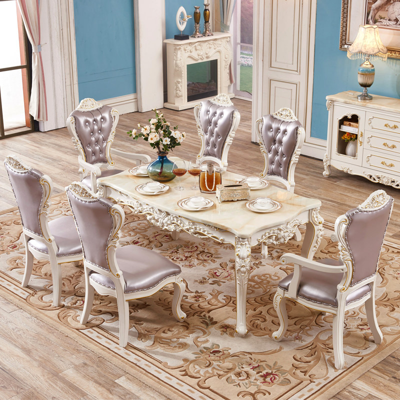 欧式大理石方桌 美式实木雕花餐桌椅组合长方形6人白色田园小户型