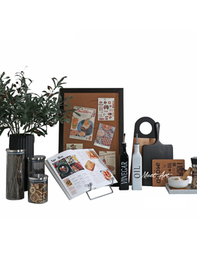 样板间厨房摆件砧板胡椒油瓶菜谱托盘组合饰品密封储物罐装饰