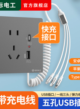 86型20W快充USB插座开关面板墙壁手机充电Type-c家用五孔带数据线