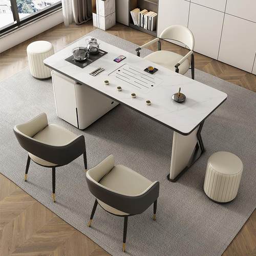 轻奢现代岩板茶桌高级感办公室茶几茶道套装茶台一体泡茶桌椅组合