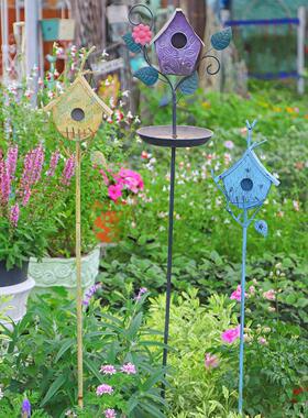 铁艺小树屋花插 鸟屋白色做旧 蓝色欧式乡村风格花园庭院装饰摆件