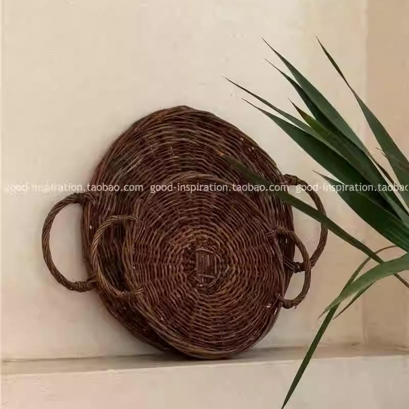 天然纯手工原柳编托盘 双耳深棕餐垫 把手悬挂收纳复古乡村皮柳