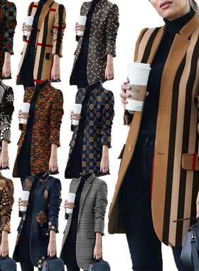 2024ebay秋冬新款欧美时尚印花立领毛呢外套女women clothes