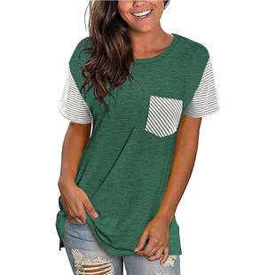 2024eBaywish欧美外贸时尚 clothes 撞色口袋上衣T恤女women