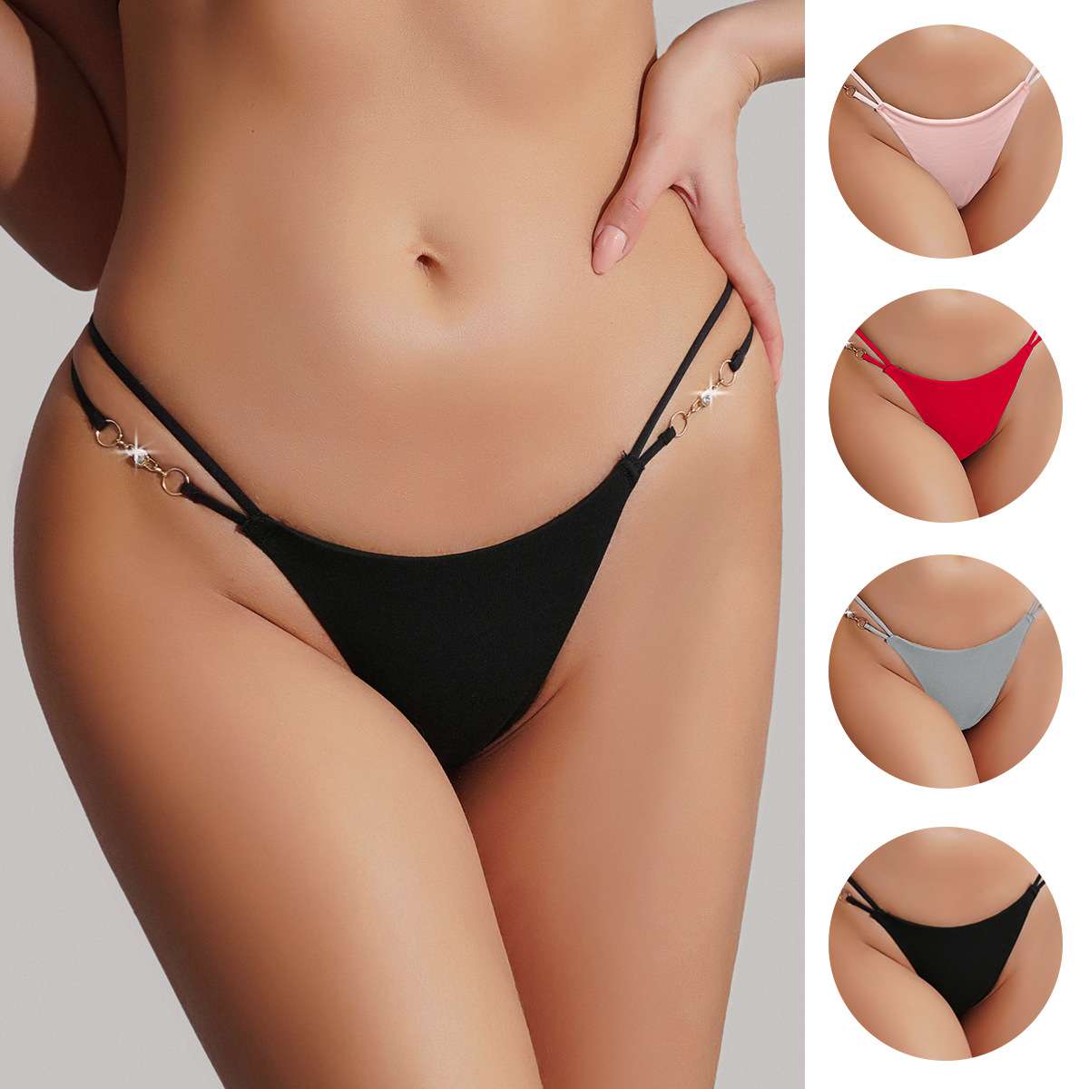 欧美金属链条细带T字纯棉内裤女生半包臀情趣无痕丁字裤thong