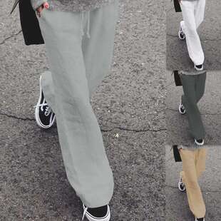 女women 休闲阔腿长裤 clothes 纯色绑带宽松时尚 2024ywish春夏新品