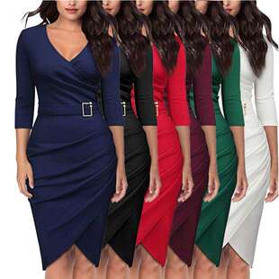 2024款欧美七分袖V领办公室晚宴酒会礼服连衣裙女装women clothes