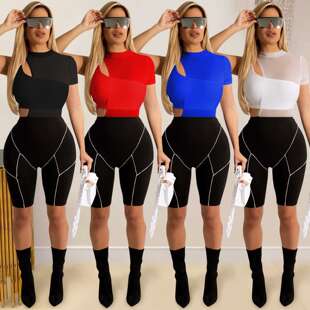 两件套women 2024不换时尚 套装 性感网纱透视镂空短袖 clothes 女装