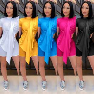 2024退不换慎拍亚马不规则前摆皱褶短袖 clothes 纯色两件套women