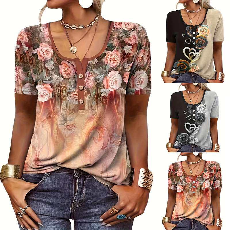 2024欧美新款wish女装宽松短袖印花民族时尚T恤女.women clothes