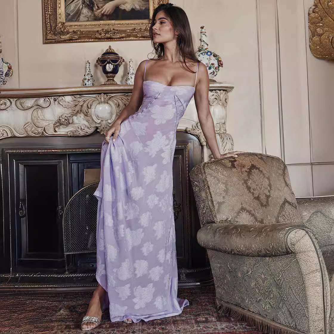 2024带露背连衣裙女式雪纺绣方领舞会晚礼服连衣裙women clothes