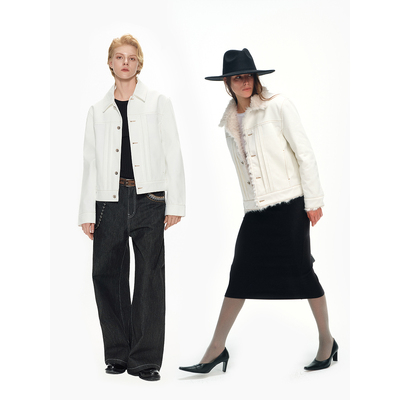 Mob en Costume/明线翻领正肩白色牛仔夹克棉服外套秋冬男女同款