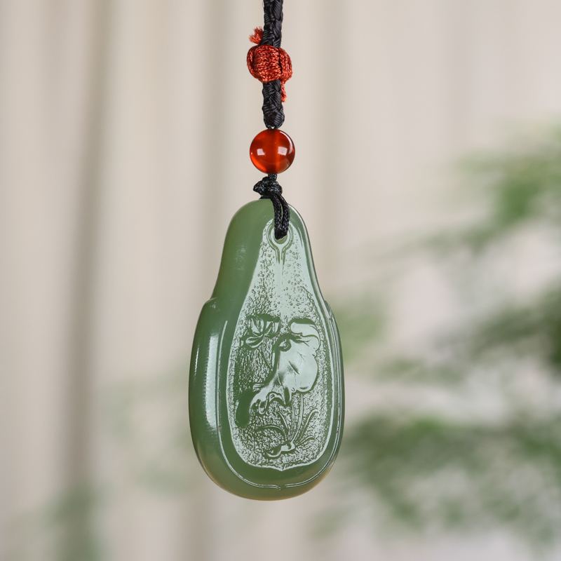 天然和田玉湖水绿荷花水滴形雕花吊坠挂件带证书项链挂饰男女款