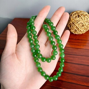 新疆和田玉碧玉项链女款8mm玉珠子项链圆珠菠菜绿项链少黑点玉石