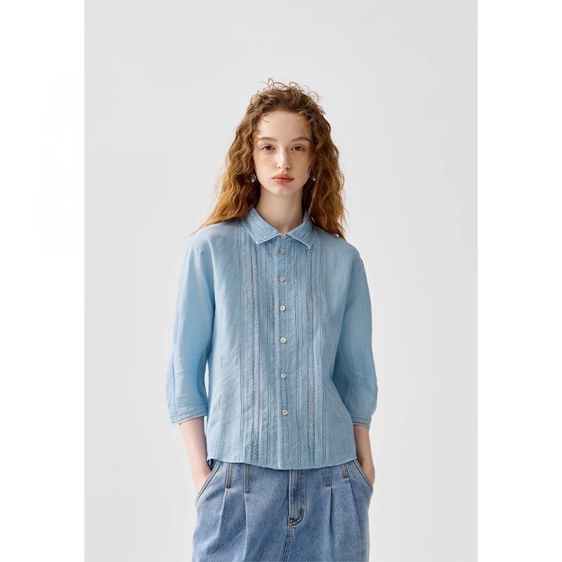 【度假出游】茶愫同款翻领苎麻织带拼贴七分袖衬衫2025夏新款