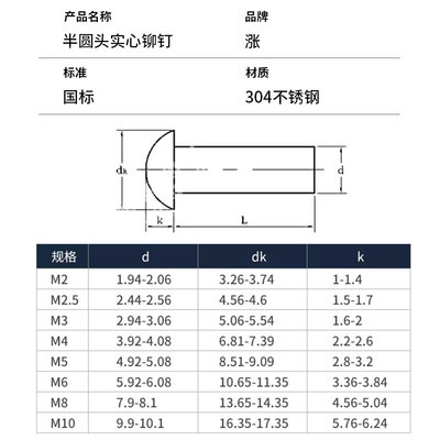 304不锈钢半圆头实心铆钉圆头敲击式M0.8M1M2M2.5M3M4M5M6M8-M16