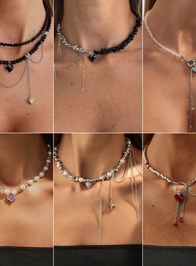 欧美甜酷心形镶钻吊坠珍珠项链 ins水晶串珠流苏锁骨链项饰品