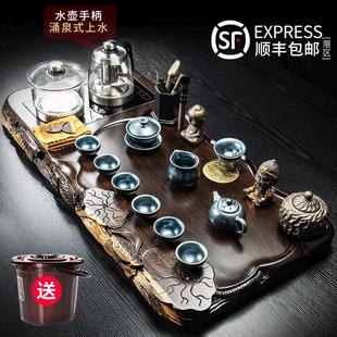 家用大号茶台整套玻璃烧水壶一体全自动 黑檀实木茶盘功夫茶具套装