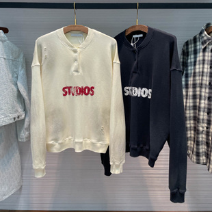高街欧式卫衣男女26时尚潮牌字母印花做旧破洞宽松亨利领长袖T恤