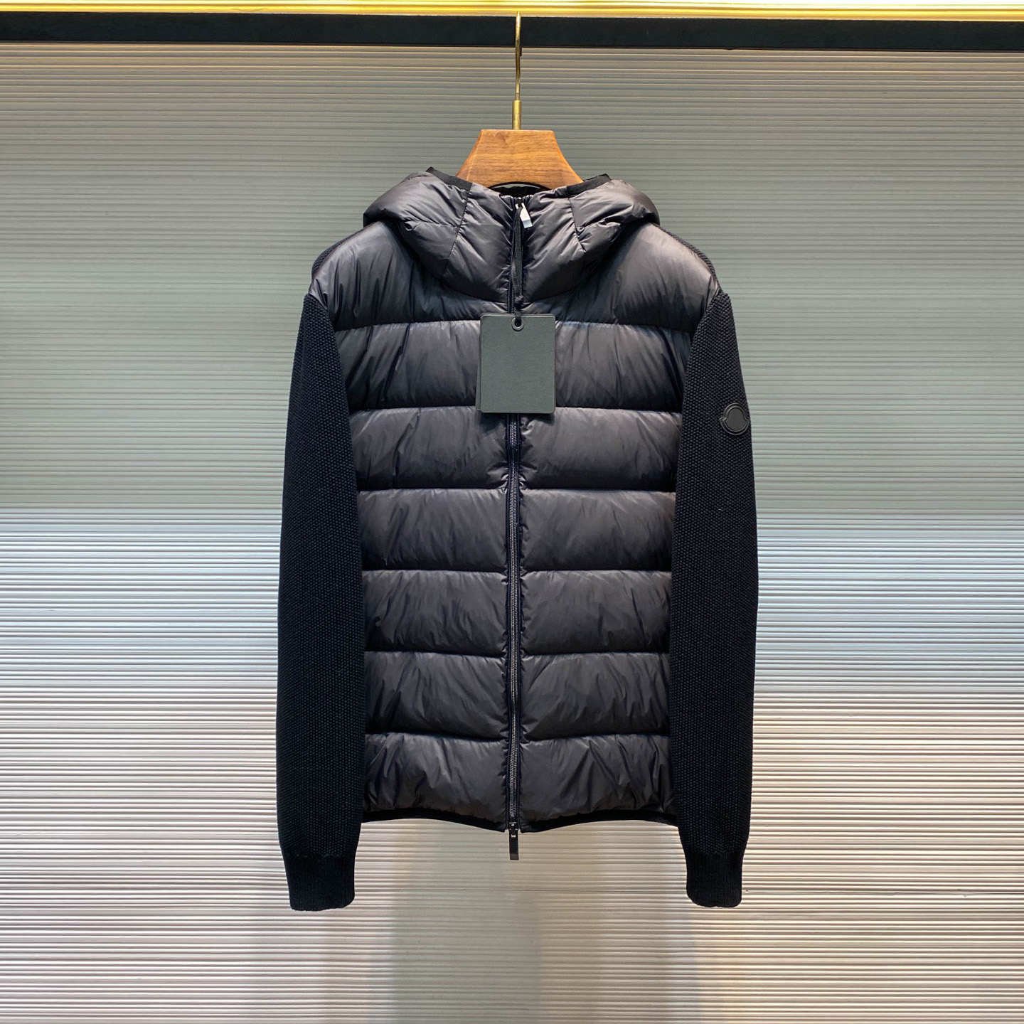 高街欧式连帽羽绒服男士时尚潮牌老钱风华夫格羊毛针织衫拼接外套