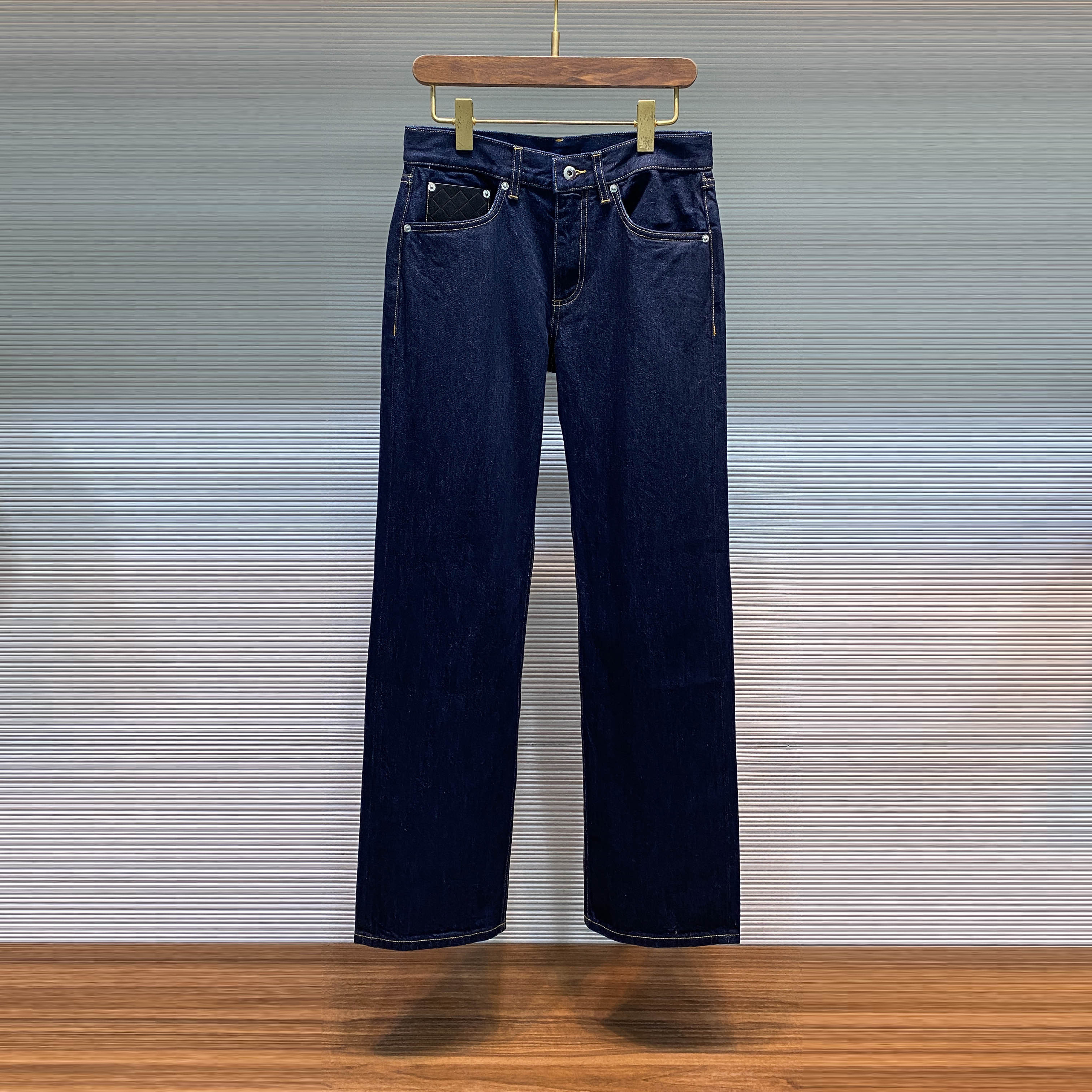 高街欧式牛仔裤男时尚潮牌老钱风编织拼皮口袋重磅纯棉修身直筒裤