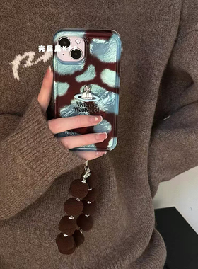 复古蓝棕豹纹适用于苹果17Air手机壳16promax/15/iphone14pro13/12保护套xsmax女mini小众11全包7/8plus羽纱