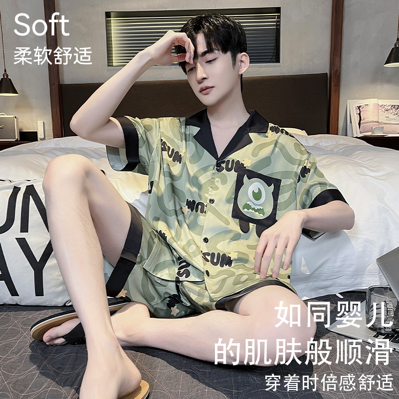 猫人冰丝男士睡衣2025夏季新款超火短袖开衫薄款大码青少年家居服