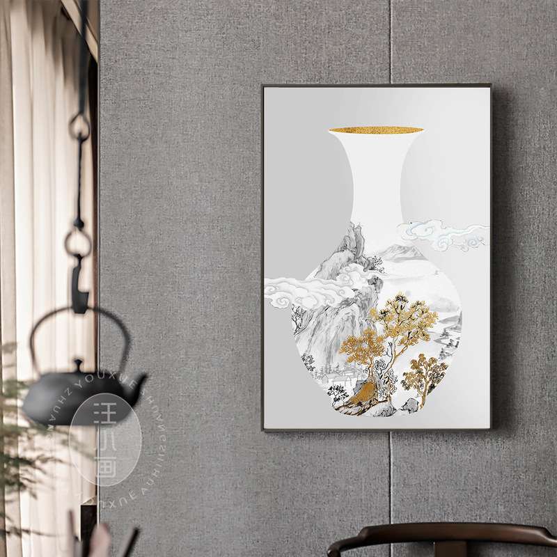 花瓶装饰画入户玄关现代中式简约山水壁画有山有树白色过道走廊画图片