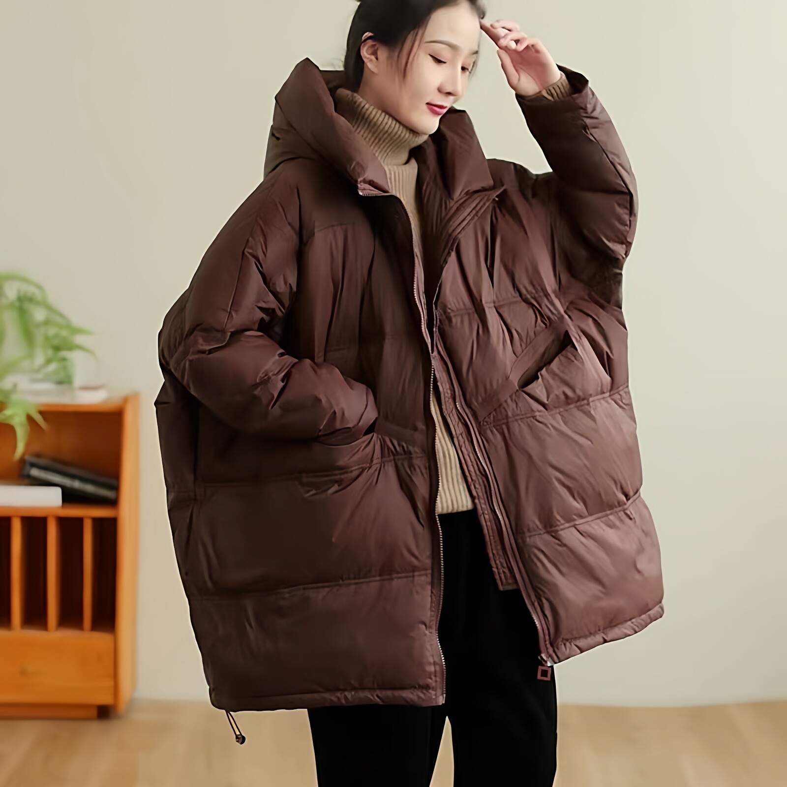 冬装新款连帽大口袋蝙蝠袖白鸭绒羽绒服
