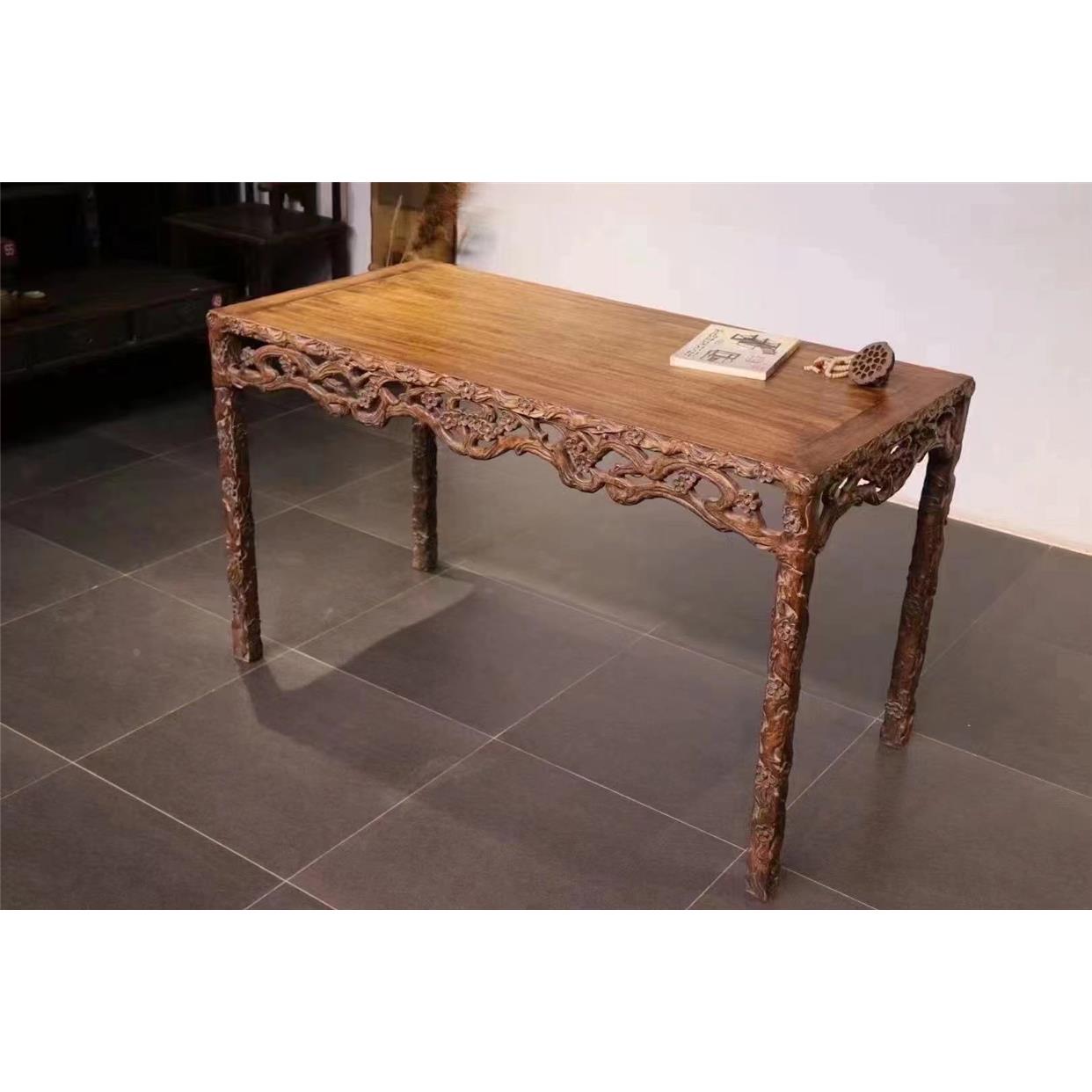 缅甸花梨木纯手工四面高浮雕喜上眉梢明式四平画案石榴花束腰画案