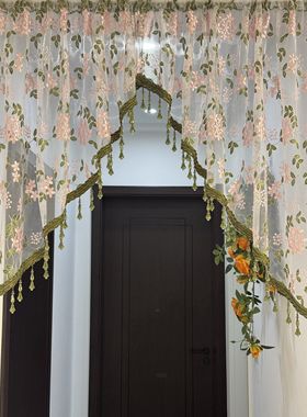 加厚版复古软装绿色水晶刺绣半帘免打孔门帘法式浪漫吊珠蕾丝窗帘