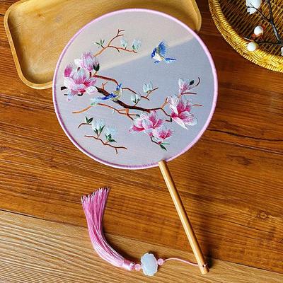圆扇古扇儿童夏季半透明长柄流苏舞扇女古汉旗袍绣花小圆扇