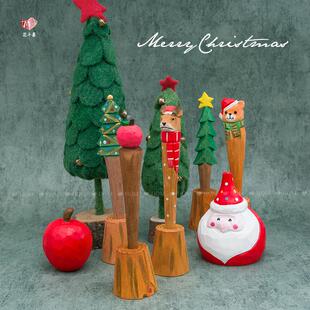 原木雕刻红苹果凝胶笔学生平安夜圣诞礼物签名笔雪人驯鹿装饰字母