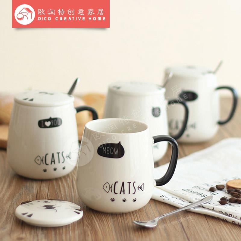 卡通猫咪马克杯优质陶瓷杯创意马克杯情侣陶瓷带勺盖情侣咖啡杯