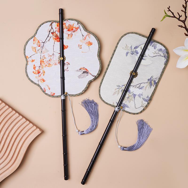 中国风古画长柄紫竹腰扇汉服搭配可折叠旋转长流苏团扇可换扇面