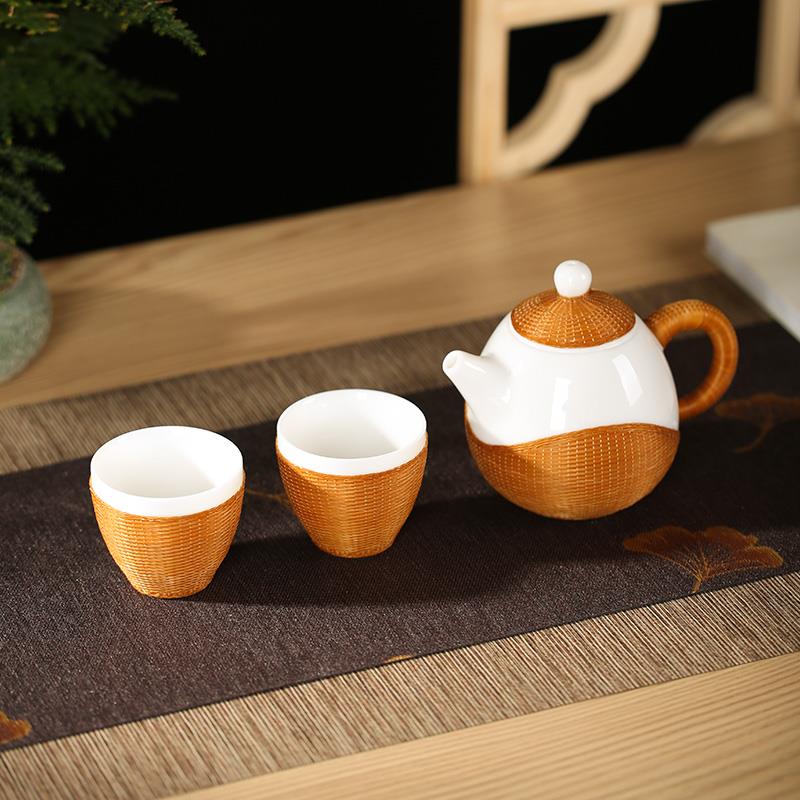 非遗手工竹编茶壶茶具西施壶竹丝扣瓷茶杯茶具套装功夫茶一壶二杯