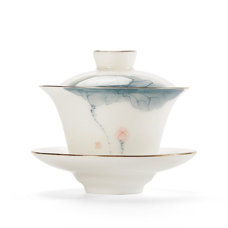 中国白羊脂玉三才茶盖碗茶杯手绘荷花白瓷功夫茶具套装手抓茶碗,餐饮具,盖碗,淘宝优惠券,粉丝福利购,淘宝优惠卷