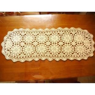纯手工钩针勾花棉蕾丝镂空编织桌旗椭圆形白色米色 我爱我家