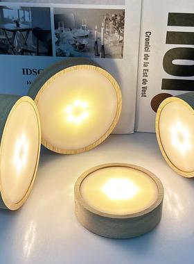 实木圆形扩散板发光底座暖白七彩蒙砂板灯垫USB充电无线触摸开关
