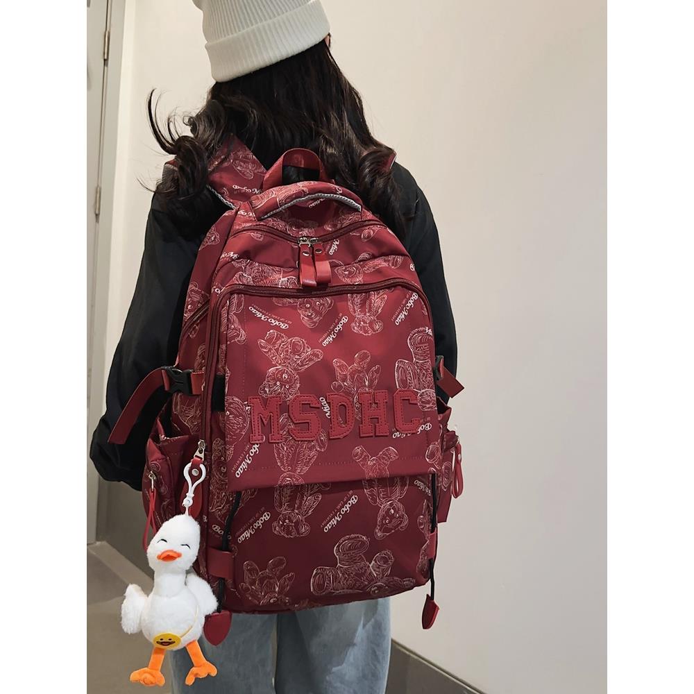 大容量中学生初中生书包女高中生女生小学生高颜值双肩背包酒红色