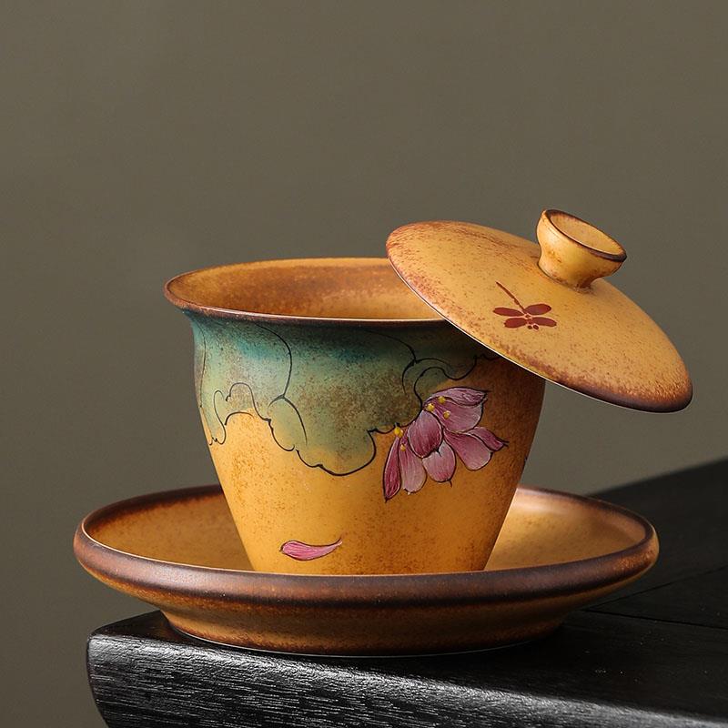 柴烧覆古手绘三才盖碗可悬停旋转单个高档泡茶碗茶杯陶瓷功夫茶具