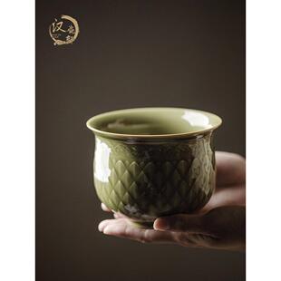 越窑青瓷手工浮雕鱼鳞纹茶洗水盂建水功夫茶道配件茶水缸杯洗