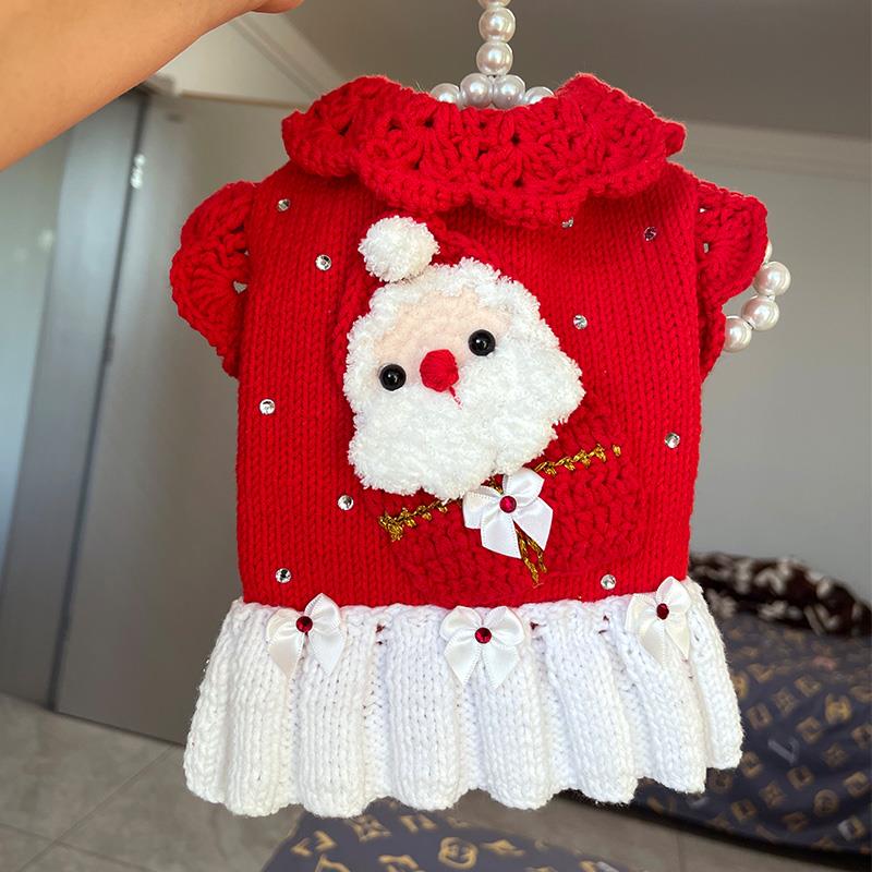 狗狗秋冬红色圣诞老人连衣裙猫咪毛衣宠物编织手工钩织diy材料包