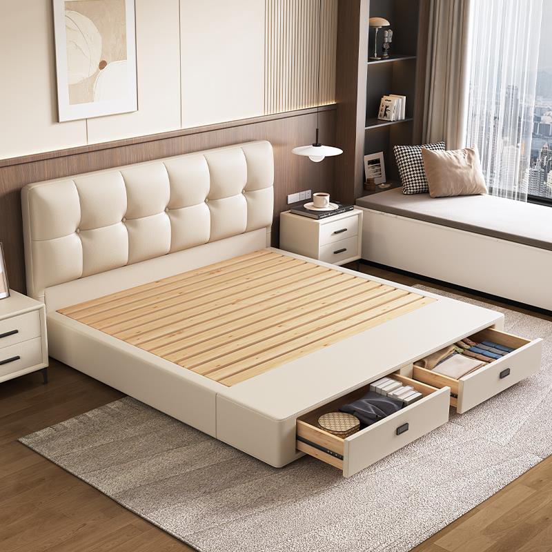 现代简约薄床头床小户型侧压三抽尾抽储物实木落地床可定制尺寸